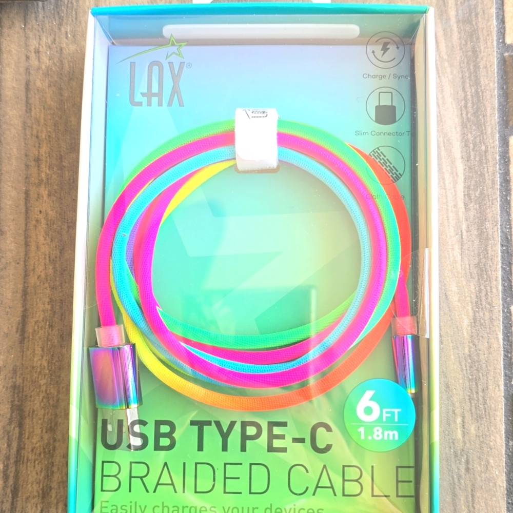 LAX GADGETS 6' Rainbow Colored USB-C to USB-A Cable, NEW In Original Packaging